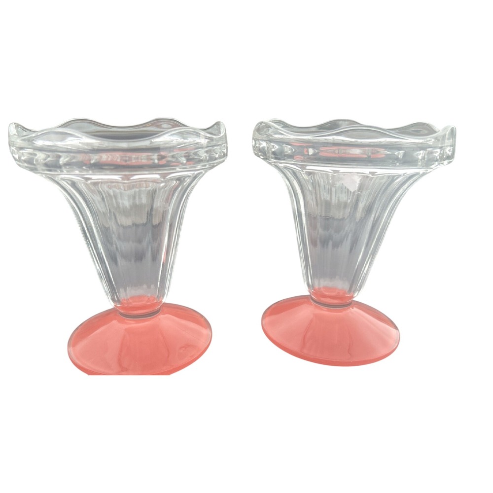 2 VTG Luminarc France Ice Cream Sundae Glass Tulip Ruffled Fluted Coral Red Base